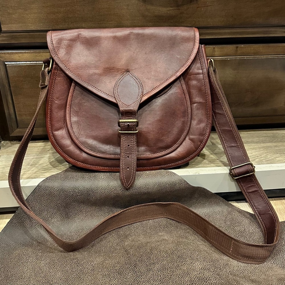 Handmade Brown Leather Saddle Bag Crossbody Messenger Forest Green Lining